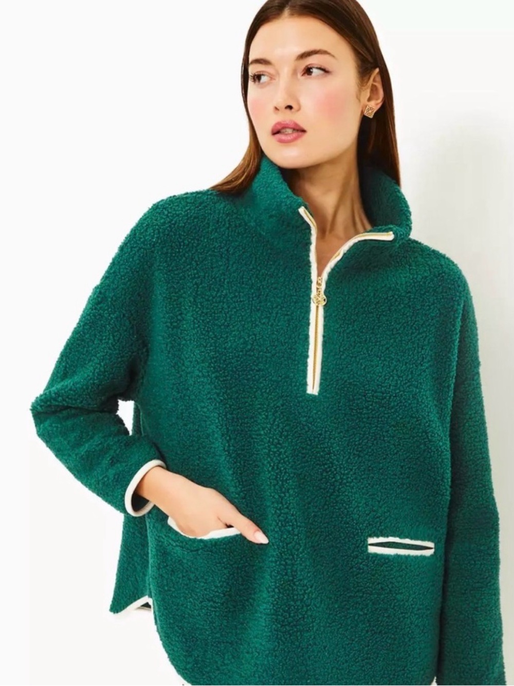 NWOT Lilly Pulitzer Soreen Sherpa Popover Pullover XXS — Green & White